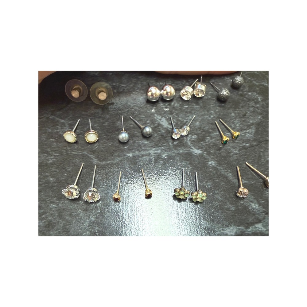 Assorted Stud Earring Lot 12 Pairs Silver Gold Tone Crystal Pearl Flower Mixed